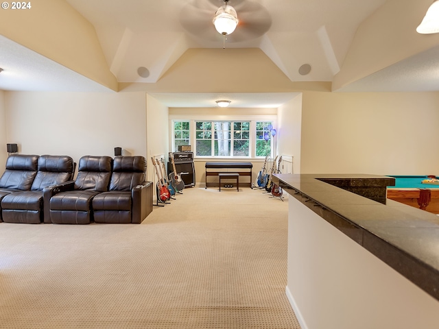 carpeted living room featuring ceiling fan, lofted ceiling, and pool table