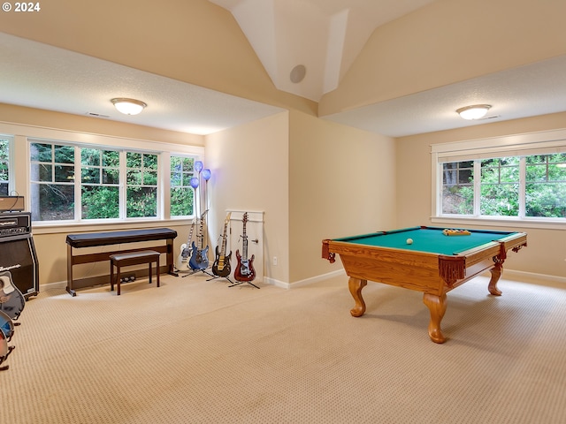 playroom featuring carpet flooring, vaulted ceiling, and pool table