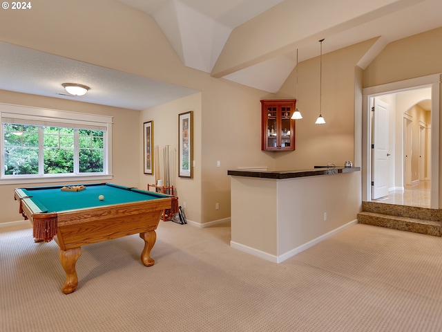 rec room featuring light carpet, vaulted ceiling, and pool table