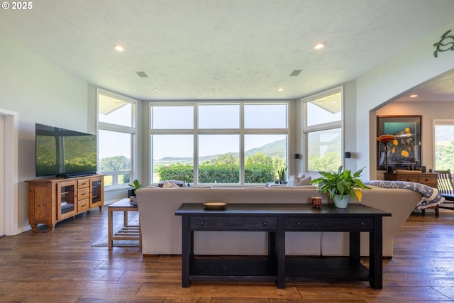 33685 Van Duyn Rd, Eugene, OR 97408 - living room with hardwood / wood-style floors, recessed lighting, and a mountain view