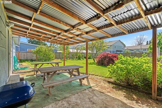 view of patio / terrace featuring a fenced backyard and a residential view