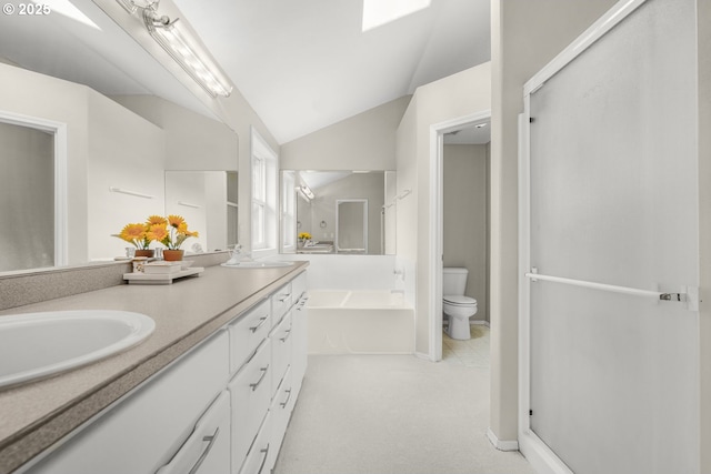 full bathroom with vanity, toilet, baseboards, a bathtub, and vaulted ceiling