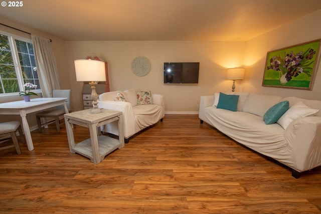 living area with wood finished floors and baseboards