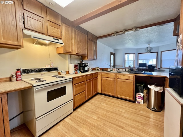 kitchen featuring white range with electric cooktop, under cabinet range hood, light wood-style flooring, a peninsula, and a textured ceiling