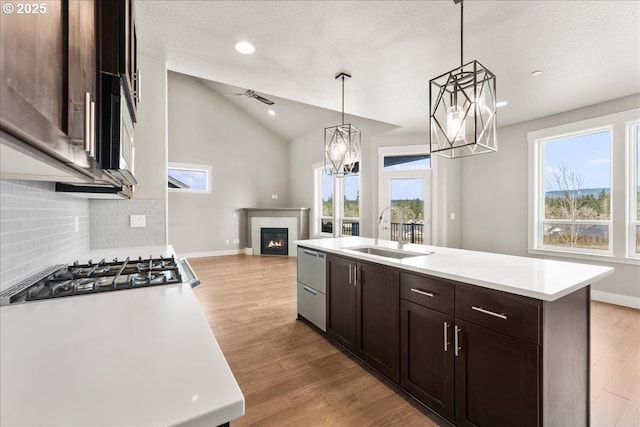 kitchen with appliances with stainless steel finishes, a glass covered fireplace, open floor plan, a sink, and vaulted ceiling