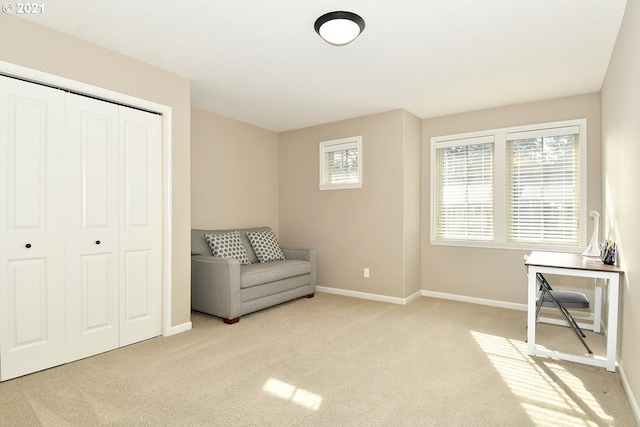 living area featuring light colored carpet