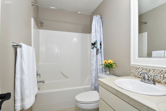 full bathroom featuring backsplash, vanity, a textured ceiling, toilet, and shower / bath combo with shower curtain