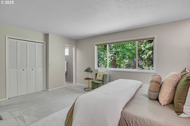 bedroom featuring carpet floors, baseboards, a textured ceiling, and a closet