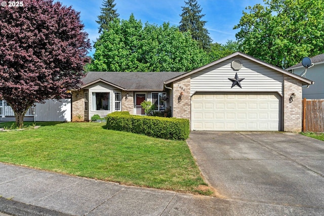 ranch-style house featuring brick siding, an attached garage, and driveway