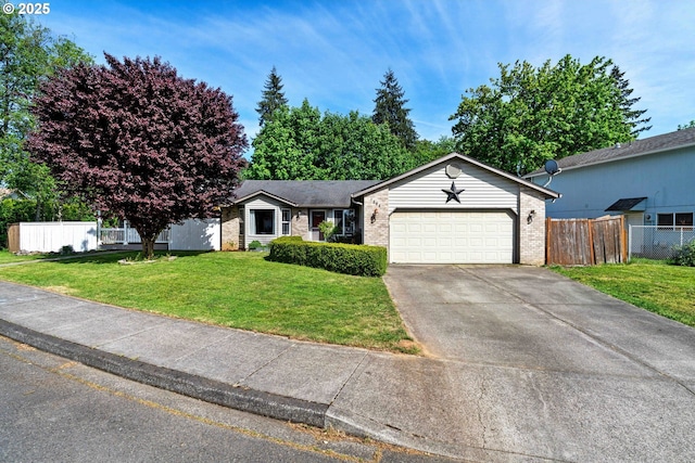 single story home with an attached garage, brick siding, and concrete driveway