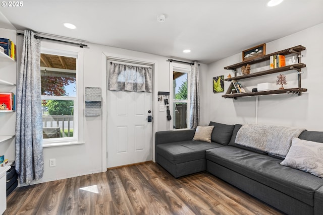 living area featuring wood finished floors and recessed lighting