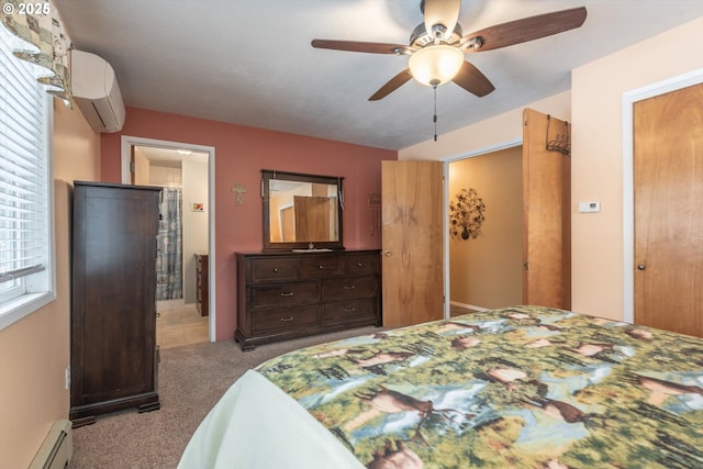 bedroom featuring baseboard heating, carpet flooring, a wall mounted air conditioner, and ceiling fan