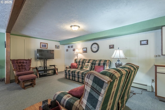 carpeted living area featuring a textured ceiling and a baseboard radiator