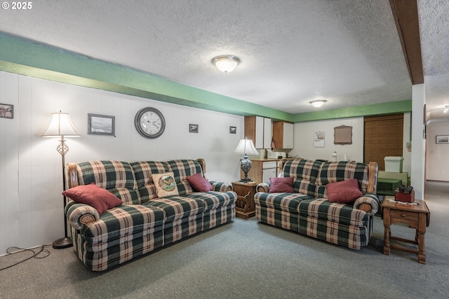 living area with a textured ceiling and carpet floors