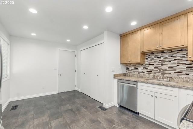 6841 SW Sussex St, Beaverton, OR 97008 - kitchen featuring dishwasher, a sink, tasteful backsplash, recessed lighting, and baseboards