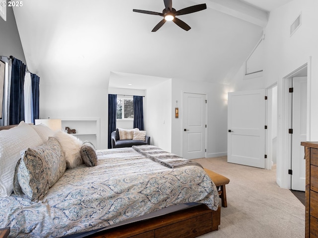carpeted bedroom with ceiling fan, beam ceiling, high vaulted ceiling, baseboards, and visible vents