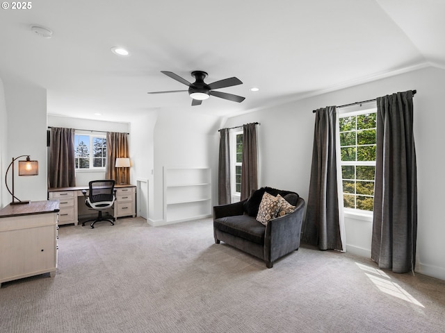 sitting room featuring baseboards, ceiling fan, light carpet, and recessed lighting