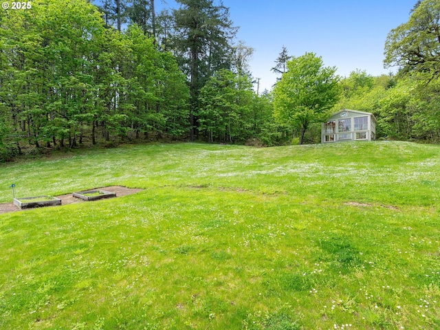 view of yard with a garden, an outbuilding, and a forest view