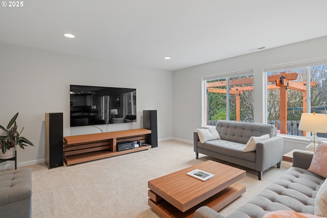 living room featuring light colored carpet