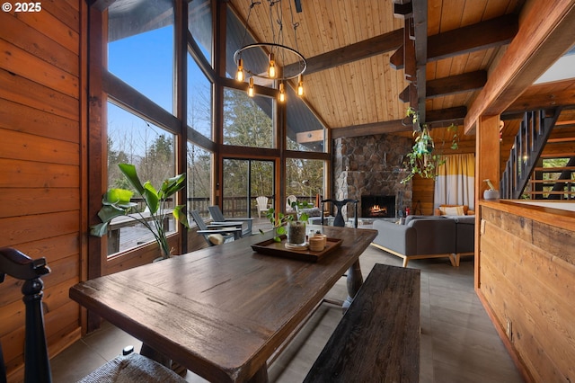 dining area featuring beamed ceiling, high vaulted ceiling, wooden walls, wooden ceiling, and a fireplace