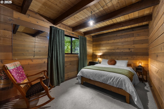 carpeted bedroom featuring beamed ceiling, wooden walls, and wood ceiling