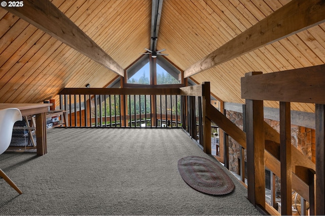 interior space featuring beamed ceiling, carpet flooring, wood ceiling, and high vaulted ceiling