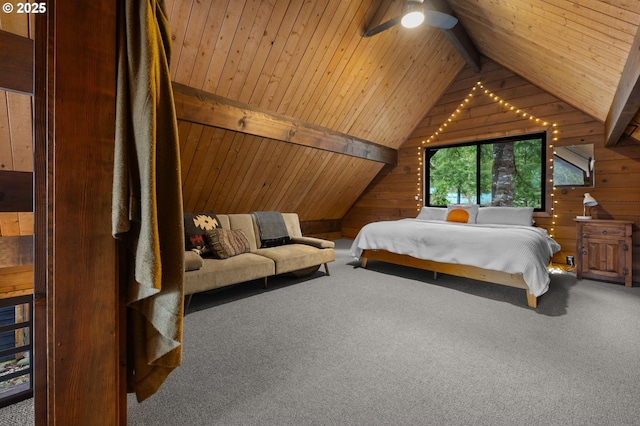 bedroom with lofted ceiling with beams, carpet, wood ceiling, and wood walls