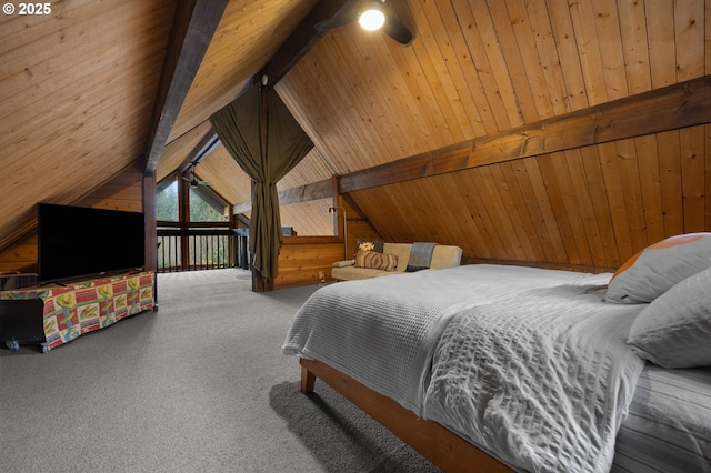 bedroom with vaulted ceiling with beams, ceiling fan, wood walls, carpet floors, and access to outside