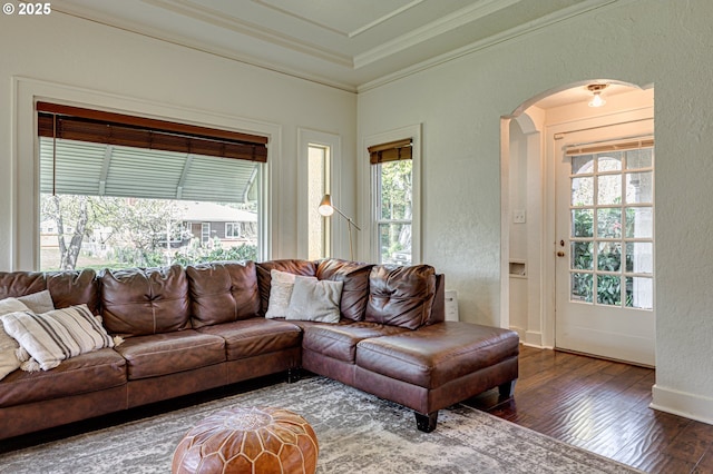 living area with crown molding, arched walkways, a textured wall, and dark wood-style flooring
