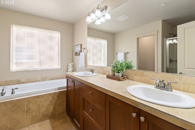 29229 SW Costa Cir E, Wilsonville, OR 97070 - bathroom with double vanity, a bath, a shower with shower door, and tile patterned floors