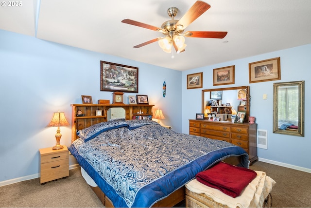 bedroom with carpet floors, baseboards, and ceiling fan