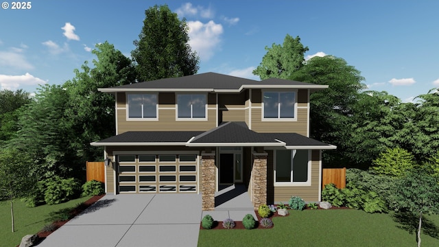 4998 NW Deerhaven Ter, Portland, OR 97229 - prairie-style home featuring driveway, an attached garage, stone siding, and a shingled roof