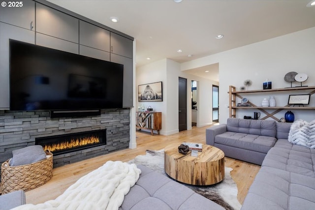 542 4th St, Lake Oswego, OR 97034 - living room with a fireplace, light wood-style floors, and recessed lighting
