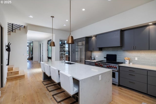 542 4th St, Lake Oswego, OR 97034 - kitchen with premium appliances, backsplash, light wood-type flooring, a kitchen bar, and pendant lighting