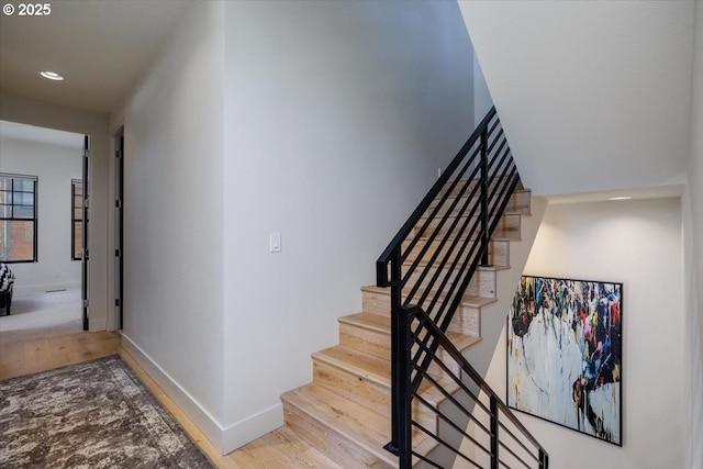 542 4th St, Lake Oswego, OR 97034 - staircase with wood finished floors and recessed lighting