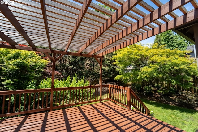 1206 NW Mayfield Rd, Portland, OR 97229 - wooden deck with a pergola and view of wooded area