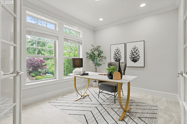 1206 NW Mayfield Rd, Portland, OR 97229 - office space with light colored carpet, ornamental molding, baseboards, and recessed lighting