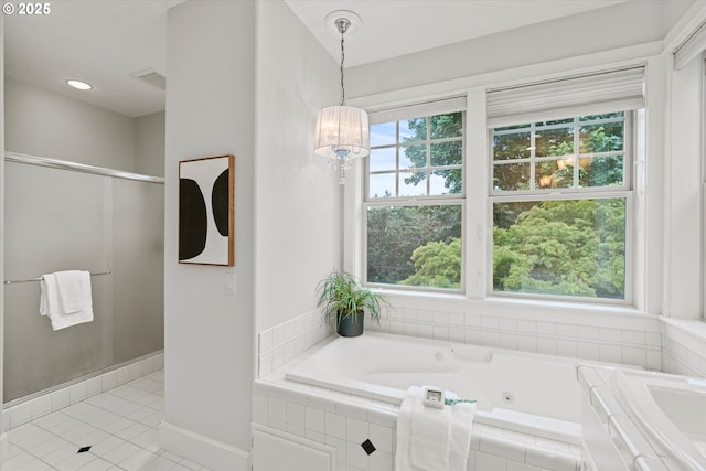 1206 NW Mayfield Rd, Portland, OR 97229 - bathroom with tile patterned floors, a whirlpool tub, baseboards, a shower stall, and a chandelier