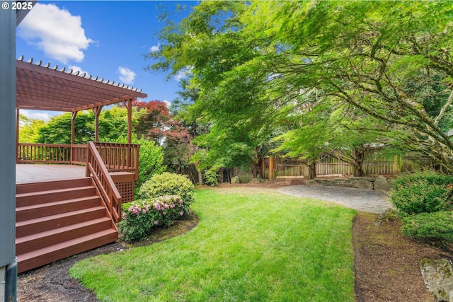 1206 NW Mayfield Rd, Portland, OR 97229 - view of yard featuring a pergola, a deck, and stairs