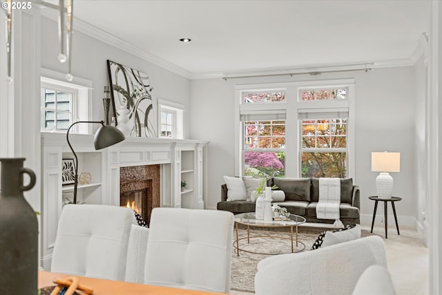 1206 NW Mayfield Rd, Portland, OR 97229 - carpeted living area featuring ornamental molding, a fireplace, and baseboards