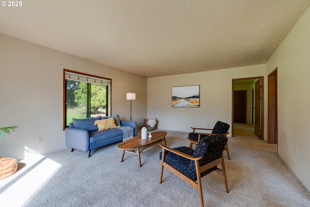 living area featuring light carpet and a textured ceiling