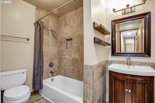 180 NW 107th Ave, Portland, OR 97229 - full bathroom featuring shower / tub combo with curtain, toilet, vanity, and tile walls
