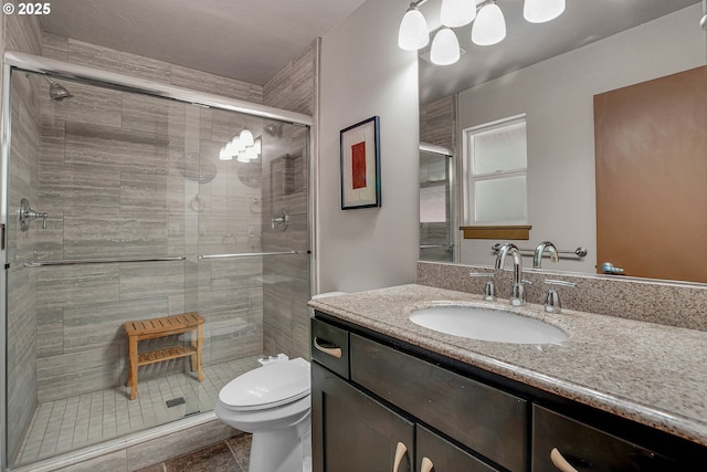 180 NW 107th Ave, Portland, OR 97229 - bathroom with toilet, a shower stall, vanity, and tile patterned floors