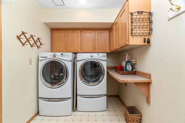 13910 SW Secretariet Ct, Beaverton, OR 97008 - laundry room with light floors, cabinet space, washer and clothes dryer, and baseboards