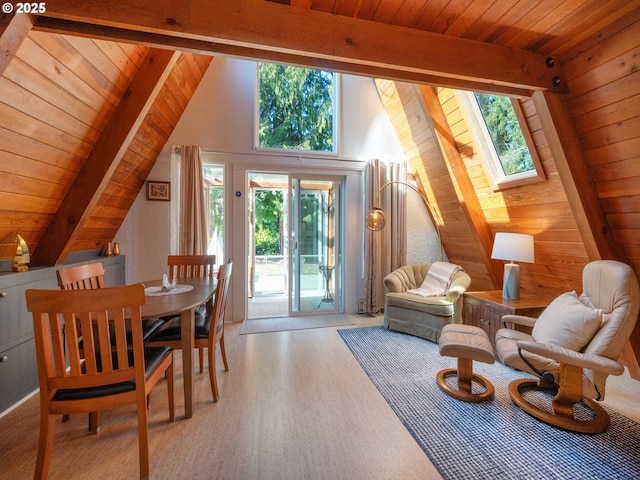 interior space with lofted ceiling with skylight, wooden ceiling, wood finished floors, and wooden walls