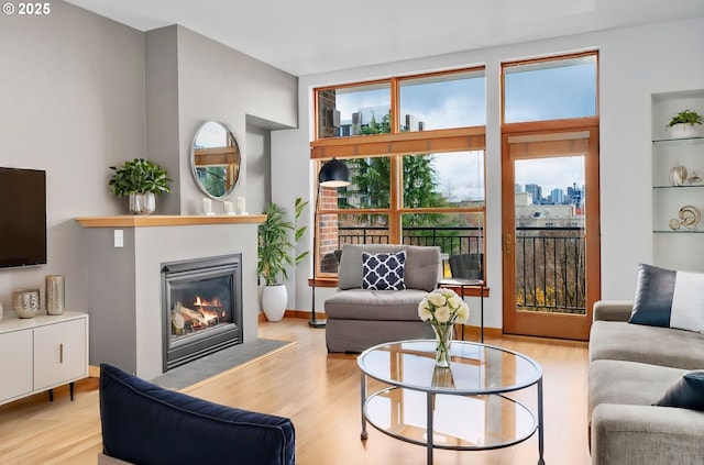 living room with light wood-type flooring, a view of city, and a glass covered fireplace