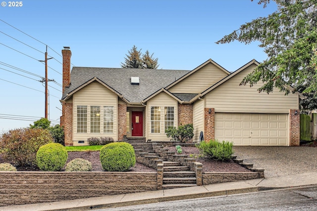 view of front of house featuring brick siding, driveway, an attached garage, and roof with shingles