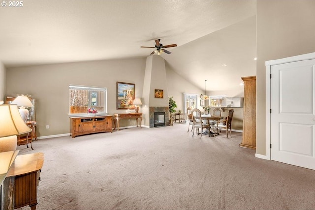 21218 Darby Ct, Bend, OR 97702 - interior space with baseboards, a ceiling fan, high vaulted ceiling, and a multi sided fireplace