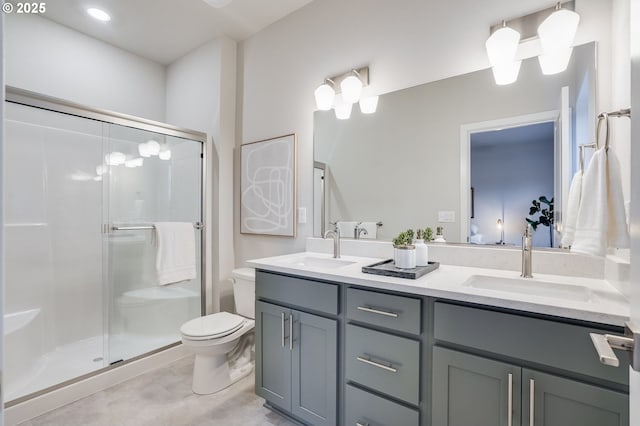 full bath featuring double vanity, toilet, a shower stall, and a sink