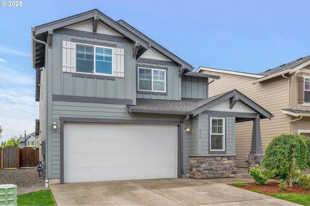 6510 N 89th Ave, Camas, WA 98607 - craftsman inspired home with board and batten siding, a garage, driveway, and stone siding